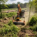 Backhoe clearing brush in field Royalty Free Stock Photo