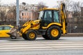 Moscow, Russia - April, 5, 2019:Widespread model of universal backhoe loader of JCB Company Great Britain of recognizable yellow c