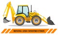 Backhoe loader. Detailed illustration of heavy mining machine and construction equipment. Vector illustration.