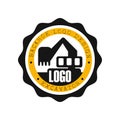 Backhoe logo design, excavator equipment service round yellow and black label vector Illustration Royalty Free Stock Photo