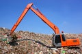 Backhoe working on garbage dump in landfill