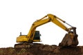 Backhoe working on pile soil isolated on white background