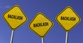 Backlash - three yellow signs with blue sky background