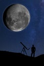 Backlight of amateur astronomer looking at the sky with a telescope