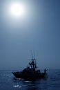 Backlight on blue water sport fishing boat Royalty Free Stock Photo