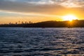 Backlight skyline of Sydney CBD from the bay at sunset Royalty Free Stock Photo