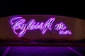 The backlighted logo of the Cafe del Mar in St Pauls Bay, Bugibba at night near the complex of Malta National Aquarium