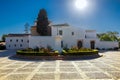 Backlighted view of Santa Maria monastery in La Rabida, with sun flares. Rabida Monastery is a Franciscan monastery in the village