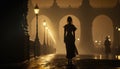 Backlit Female Silhouette with Hourglass Figure in Rainy Prague