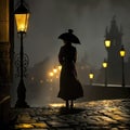 Backlit Female Silhouette with Hourglass Figure in Rainy Prague