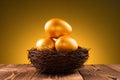 Backlit gold eggs on nest on wood table