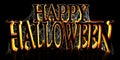 Backlit Happy Halloween text covered in spooky spider webs banner