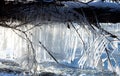backlit icicles over flowing water