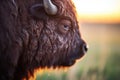 backlit image of bison fur with prairie sunrise behind Royalty Free Stock Photo