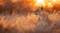 A backlit lioness from the Panthera leo vernayi subspecies, known as the Kalahari lion, stands amidst the tall grass of the Royalty Free Stock Photo