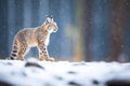 backlit lynx with snow flurries around