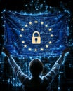 Backlit man lifting European flag lock symbol in futuristic cityscape filled data encryption stars cybersecurity
