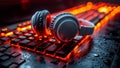 Backlit mechanical keyboard with red lighting under water droplets, with black headphones resting on top