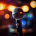 Backlit microphone close up with out of focus stage lights, musical ambiance captured