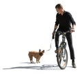 Backlit photo of a man riding a bike with his dog Royalty Free Stock Photo