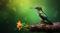 Backlit Photography: Emerald Hummingbird On Branch With Floral Background