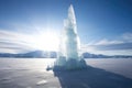 backlit picture of an ice pinnacle on a glacier