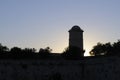 Backlit round tower at dusk, Fort Saint-Jean, Marseille, Bouches-du-Rhone, Provence-Alpes-Cote d`Azur