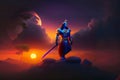 backlit shot of lord rama in the dramatic sky with sun by generated ai
