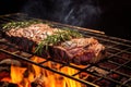 backlit shot of steak grilling, with smoke and glowing coals