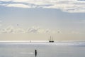 A backlit shot of the Wadden Sea near the island of Vlieland shows the silhouettes of various objects on, in and above the water