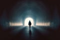 Backlit silhouette of a man walking in a dark tunnel towards the light. Generative AI illustration with copy space Royalty Free Stock Photo