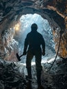 Backlit silhouette of a miner standing in a mine with a shovel over the shoulder. Royalty Free Stock Photo