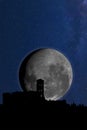 Backlit skyline of Rome with the Colosseum, a church and the rising moon