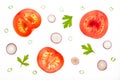 Backlit slices of tomatos, red scallions and parsley leaves Royalty Free Stock Photo