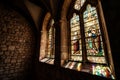 backlit stained glass in castle windows