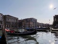 Backlit views of Gondolas in a canal in Venice Royalty Free Stock Photo