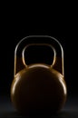 Backlit yellow competition kettlebell silhouette on a fitness studio gym floor