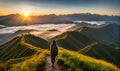 Backpack-adorned girl poised at crest of verdant hill