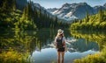 Backpack-adorned girl standing at edge of serene mountain lake