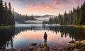 Backpack-adorned girl standing at edge of serene mountain lake