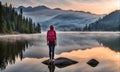 Backpack-adorned girl standing at edge of serene mountain lake