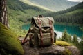 Backpack amidst a lush natural setting â thick forests, serene lakes and mountainous terrain