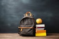 Backpack, Apple, and Stack of Books on Table, Everyday Items for Study and Snacking, School backpack with books, chalkboard