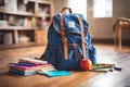 Backpack bag and school supplies on the wooden floor, blurred background. Royalty Free Stock Photo