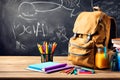 Backpack bag and school supplies on the wooden table, blurred background. Royalty Free Stock Photo