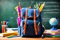 Backpack bag and school supplies on the wooden table, blurred background. Royalty Free Stock Photo