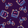 Backpack and bike neon seamless pattern. Vector Background with school signs