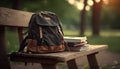 Backpack and books on a bench in the park. Selective focus. Royalty Free Stock Photo