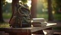 Backpack and books on a wooden table in the park at sunset Royalty Free Stock Photo
