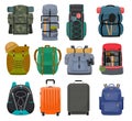 Backpack camp vector backpacking travel bag with tourist equipment in hiking camping and climbing sport knapsack or